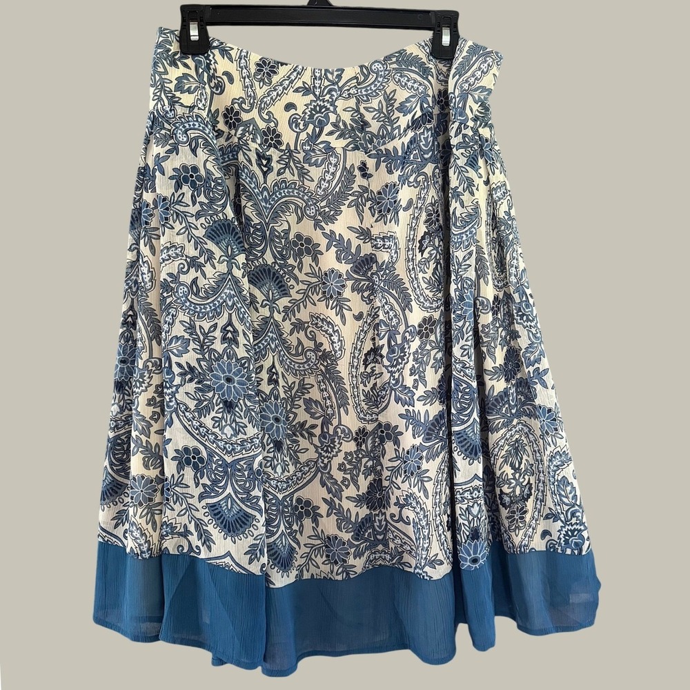 Paisley Floral A-Line Blue Skirt Sheer Lined Hem Knee Length 12 Coastal Femine